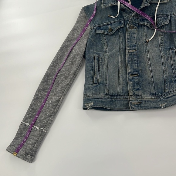 Free People Distressed Denim Jacket with Attached Knit Sleeves and Hood -s/p - Picture 8 of 11